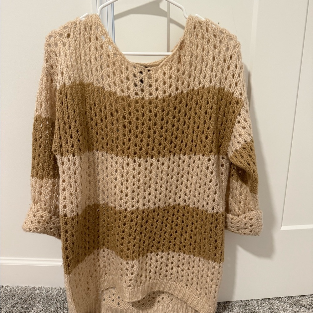 Cream and Brown Crew Neck Sweater with Loose Knit